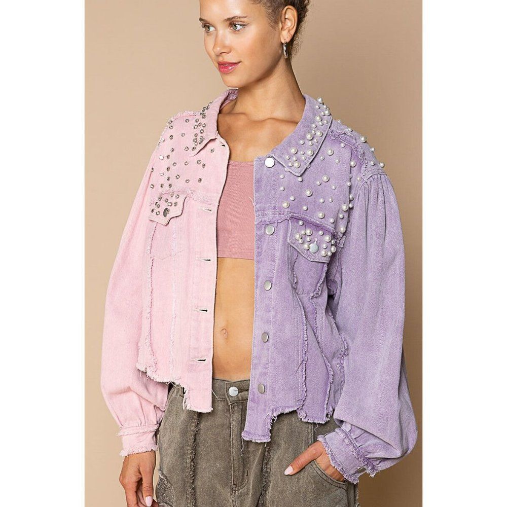POL CLOTHING Lilac Pink Pearl Diamond Studded Half and Half Denim Jacket FWJ160A - Picture 7 of 12